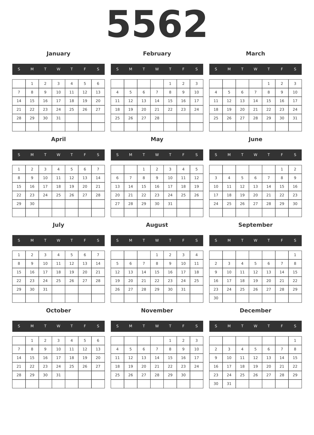 Printable 5562 Year Calendars dark