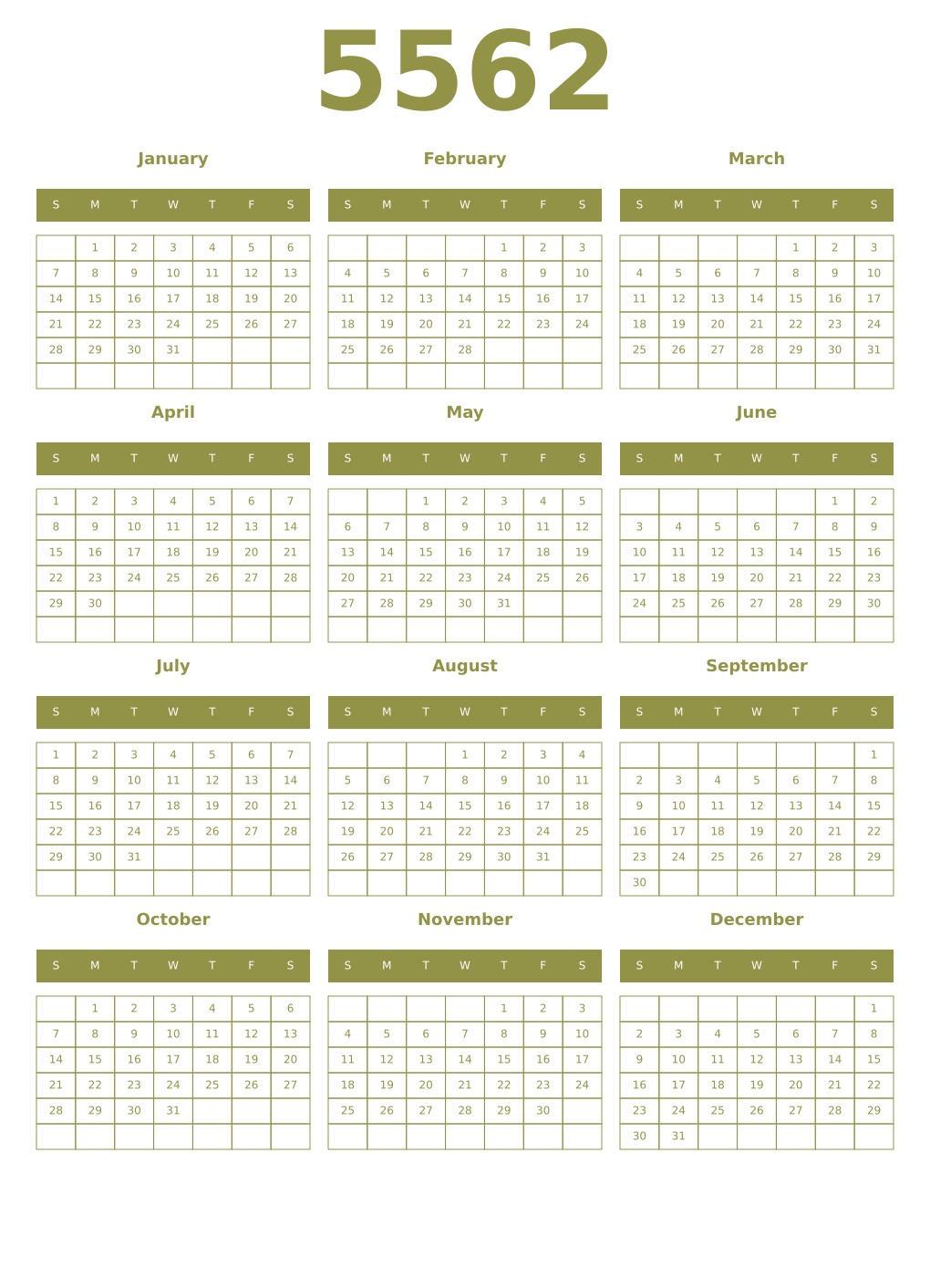 Printable 5562 Year Calendars eburnean