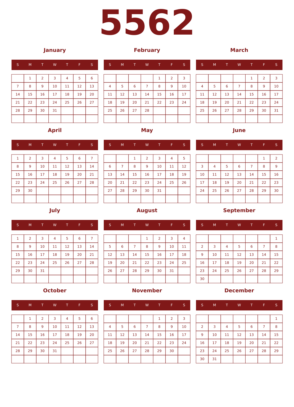 Printable 5562 Year Calendars falu
