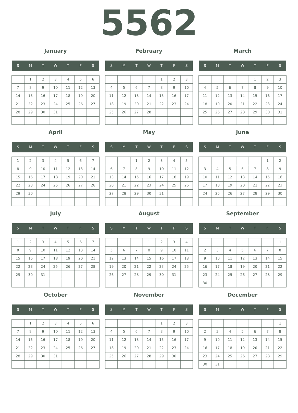 Printable 5562 Year Calendars feldgrau