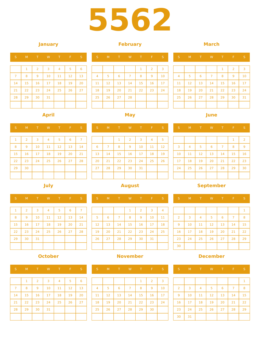 Printable 5562 Year Calendars gamboge