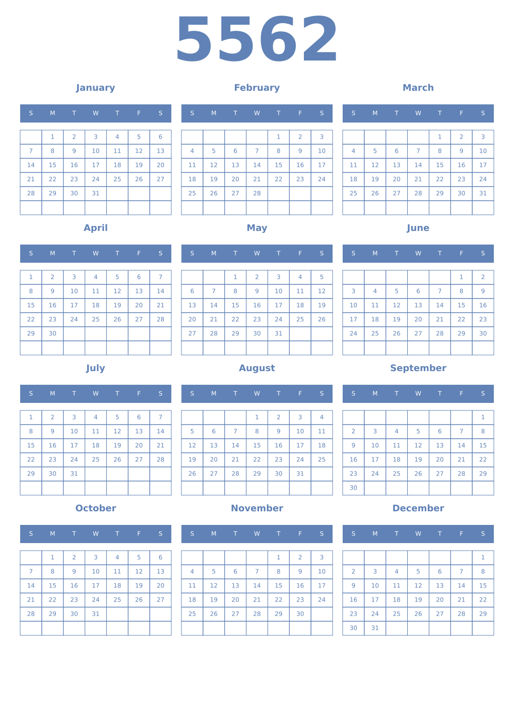 Printable 5562 Year Calendars glaucous