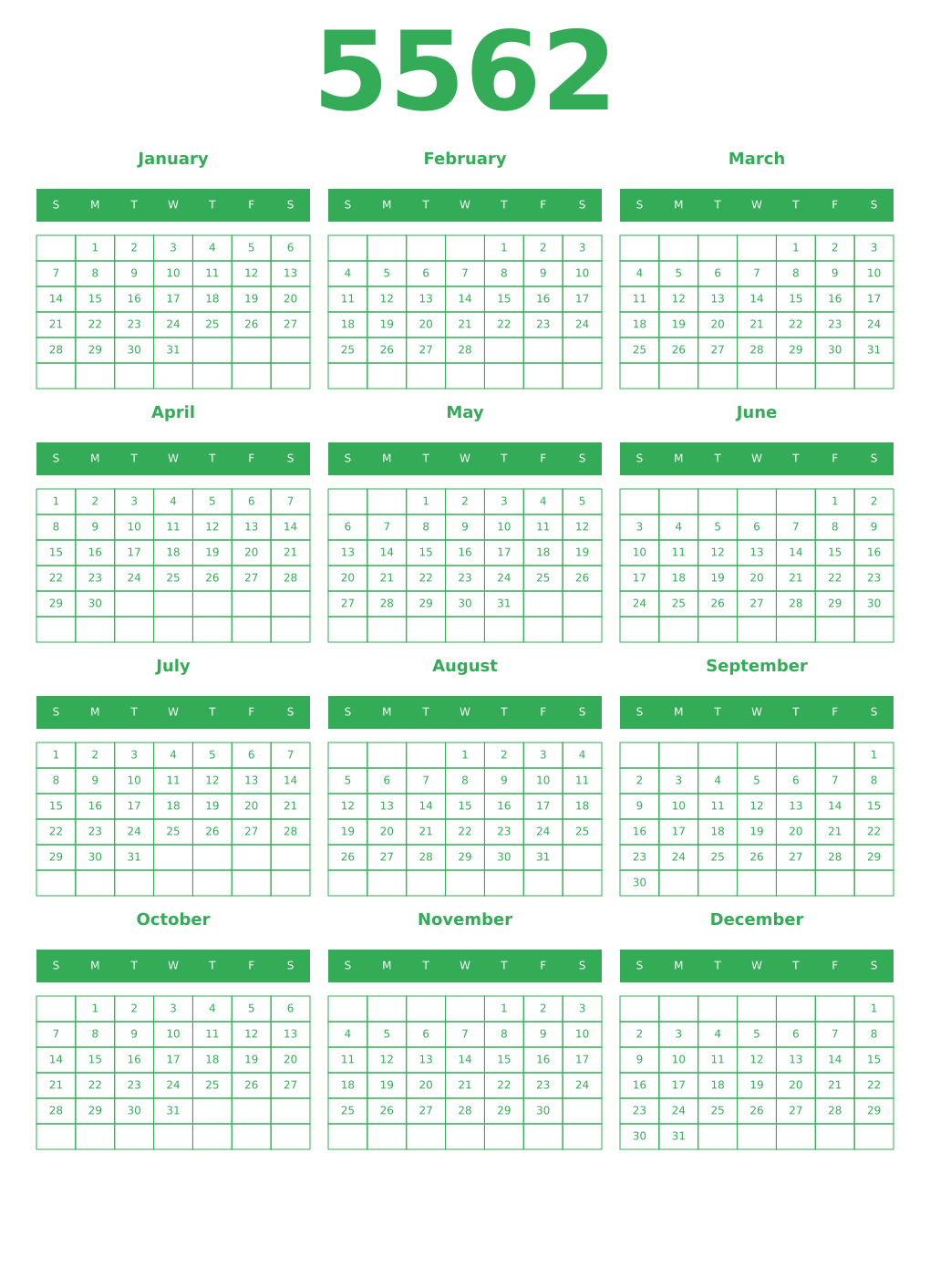 Printable 5562 Year Calendars green