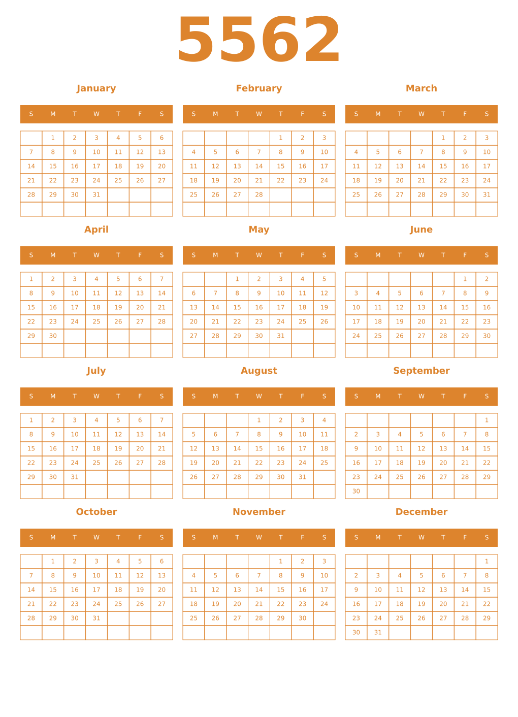 Printable 5562 Year Calendars orange