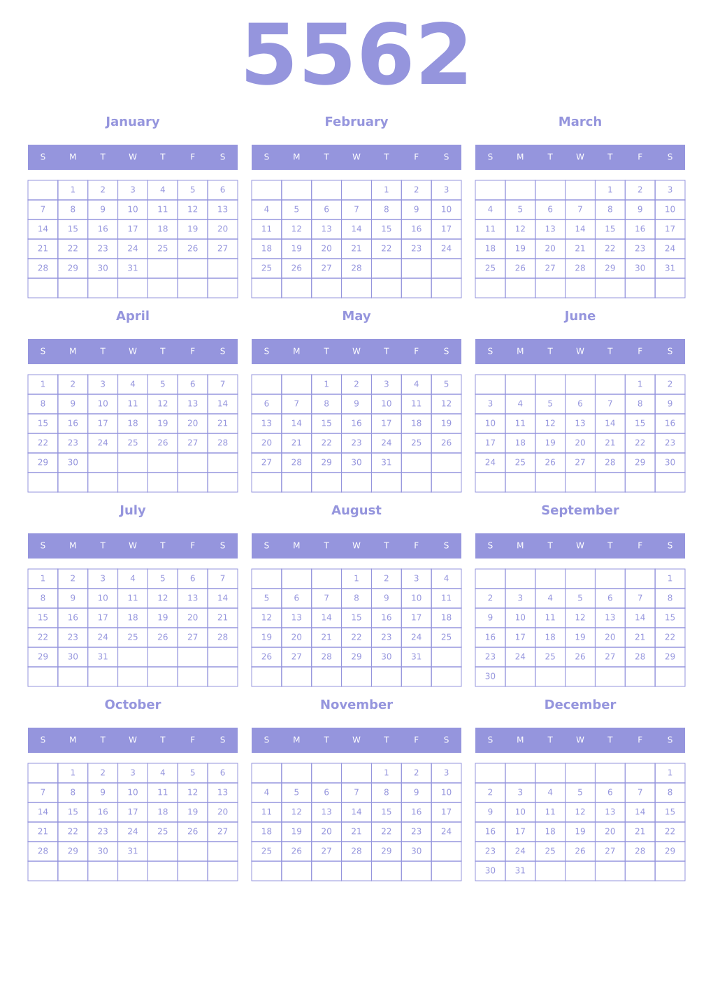 Printable 5562 Year Calendars periwinkle