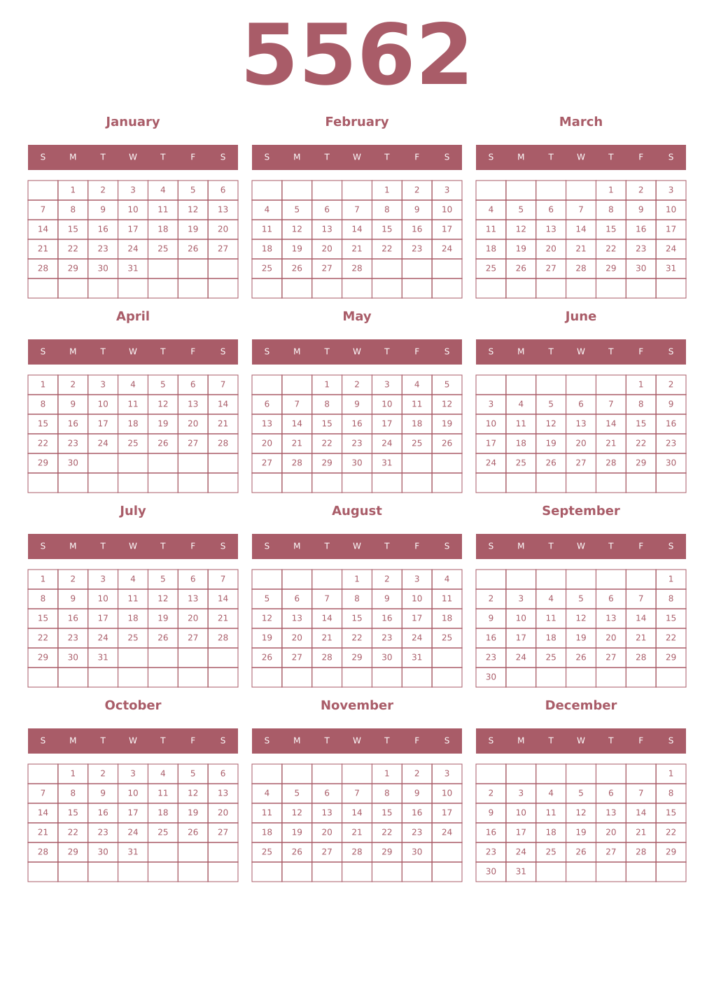 Printable 5562 Year Calendars puce