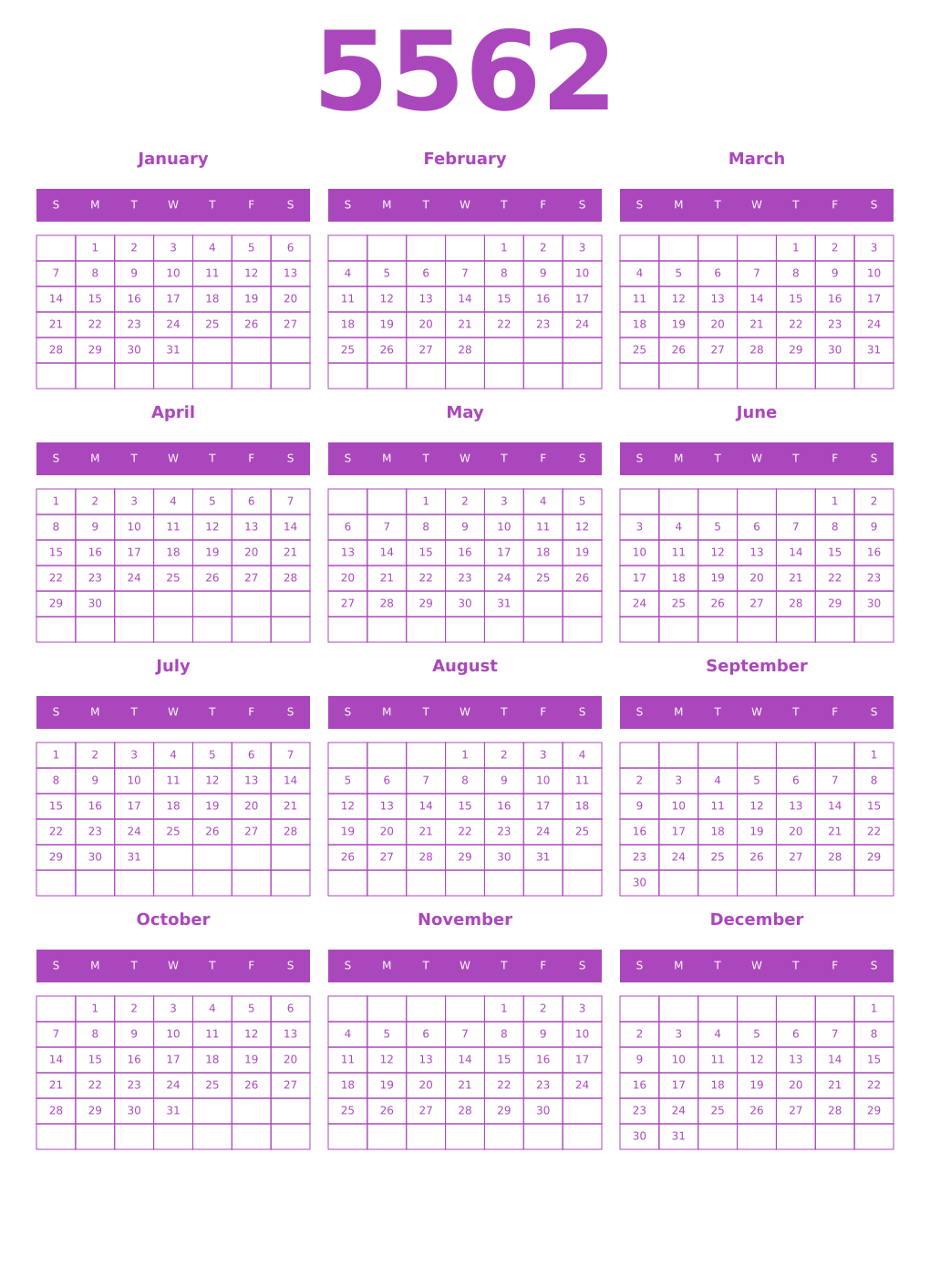 Printable 5562 Year Calendars purple