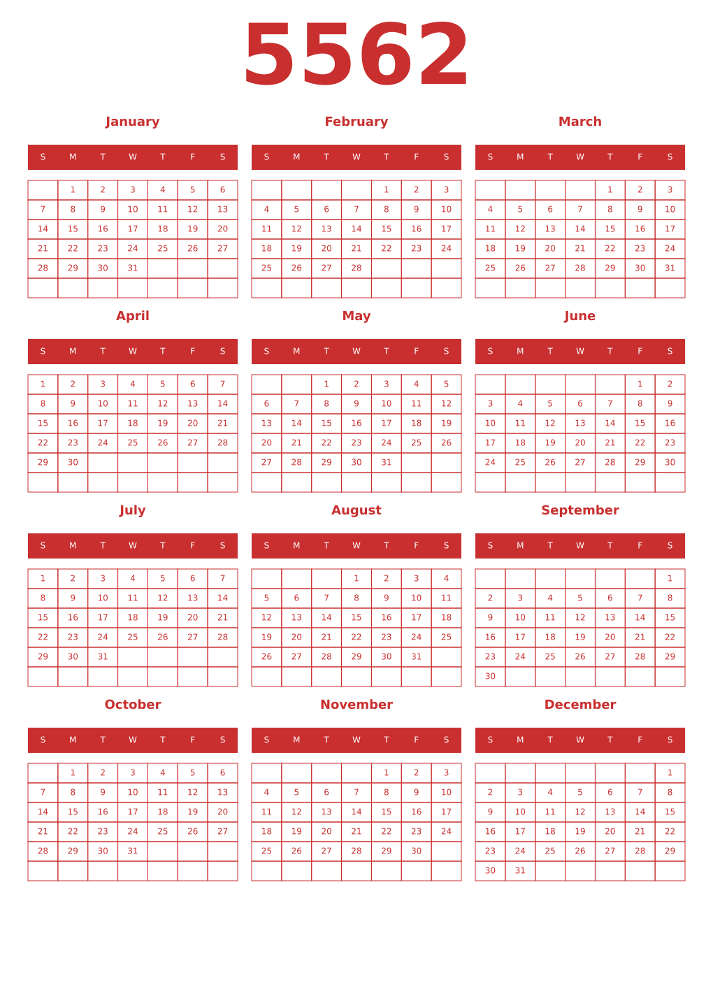 Printable 5562 Year Calendars red