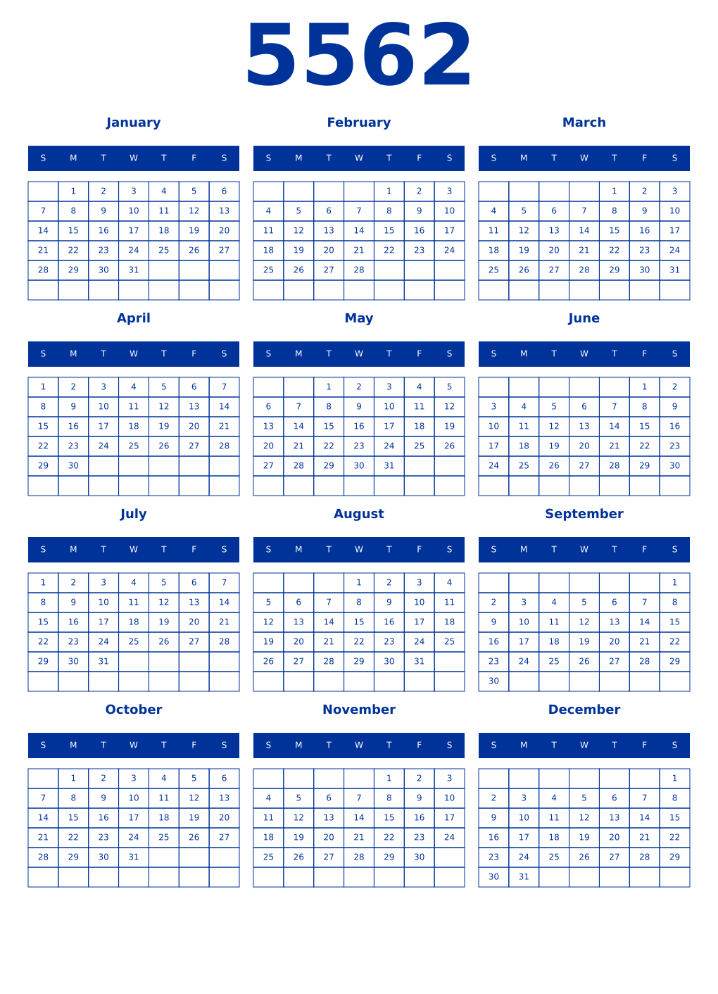 Printable 5562 Year Calendars smalt
