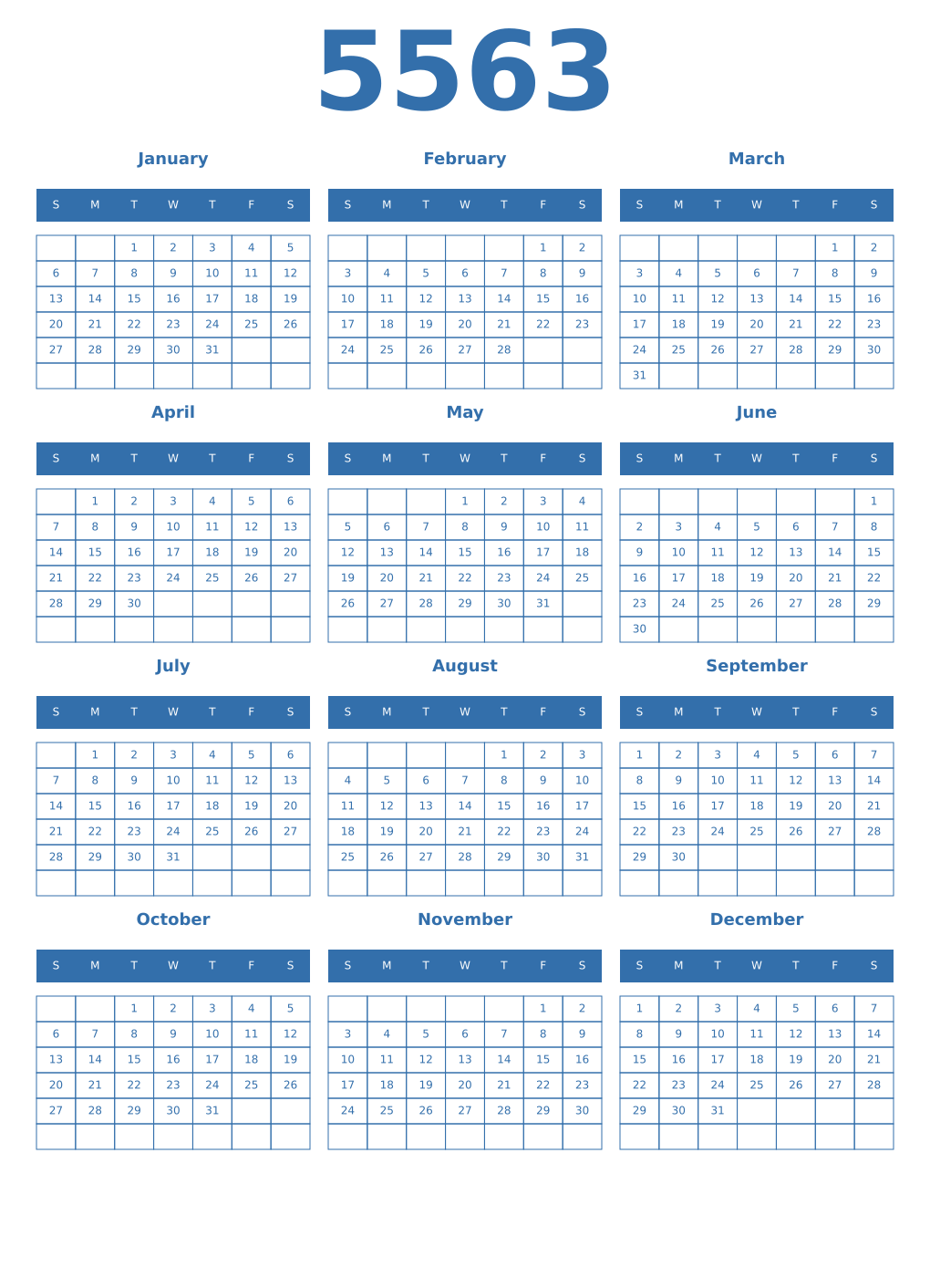Printable 5563 Year Calendars blue