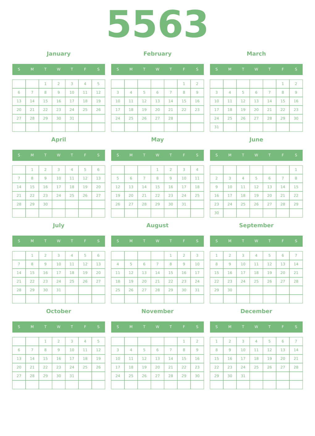 Printable 5563 Year Calendars celadon