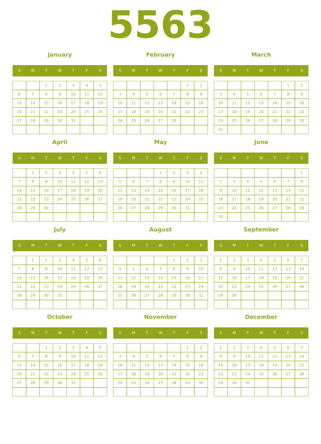 Printable 5563 Year Calendars chartreuse