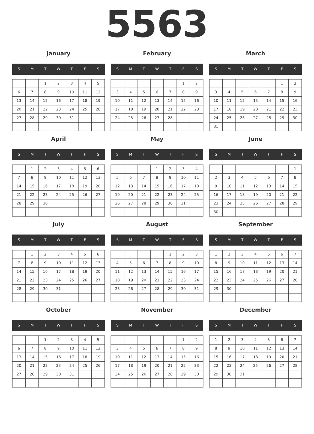 Printable 5563 Year Calendars dark