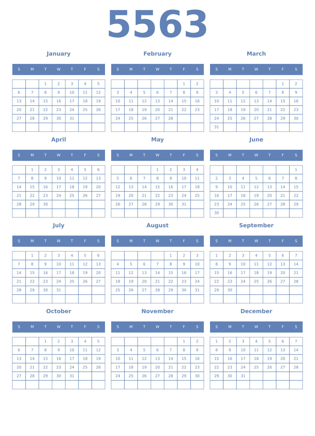 Printable 5563 Year Calendars glaucous