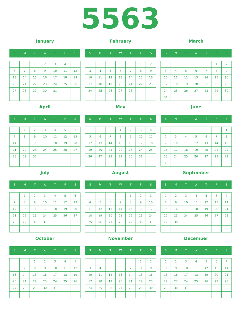 Printable 5563 Year Calendars green