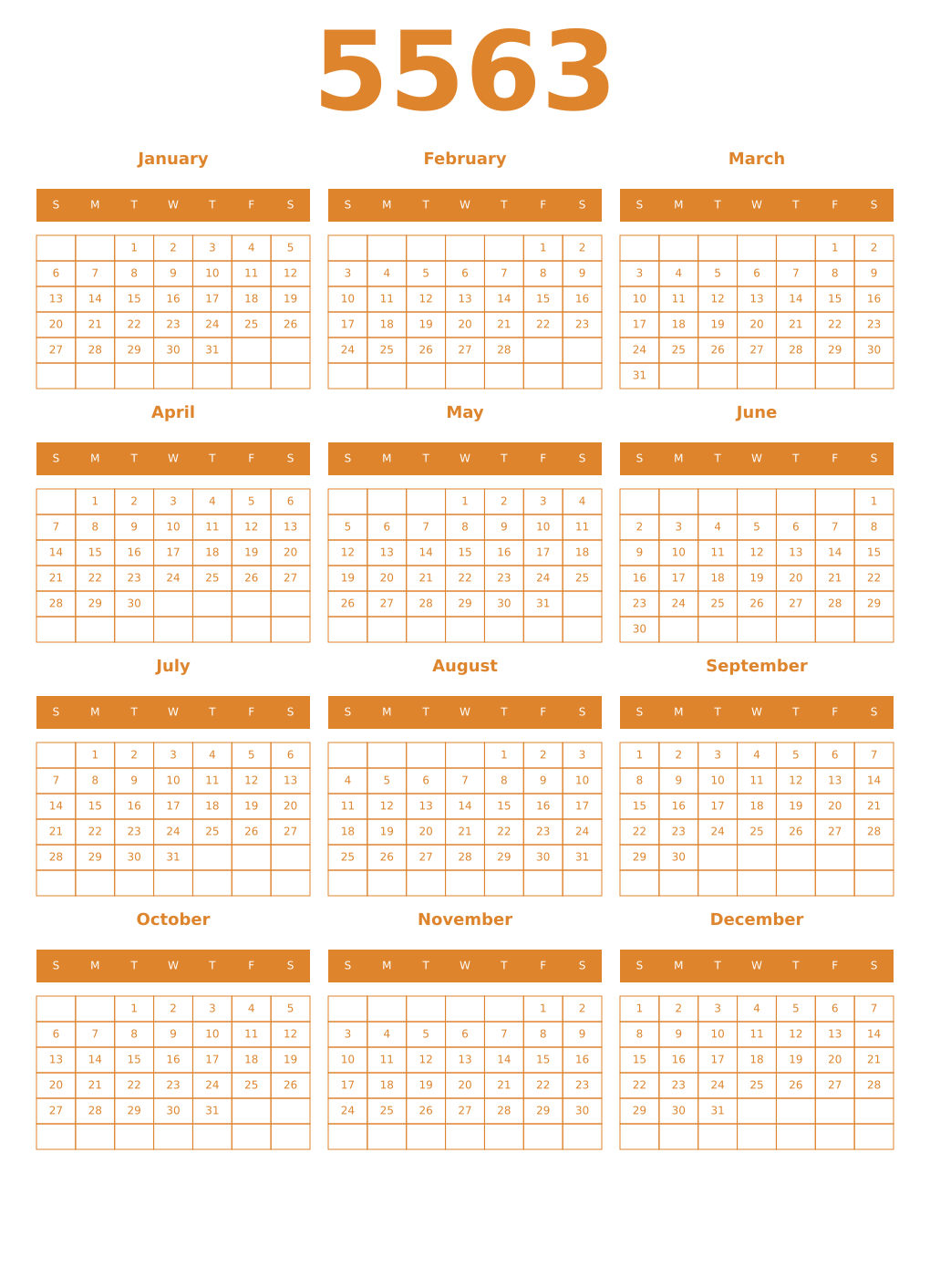 Printable 5563 Year Calendars orange