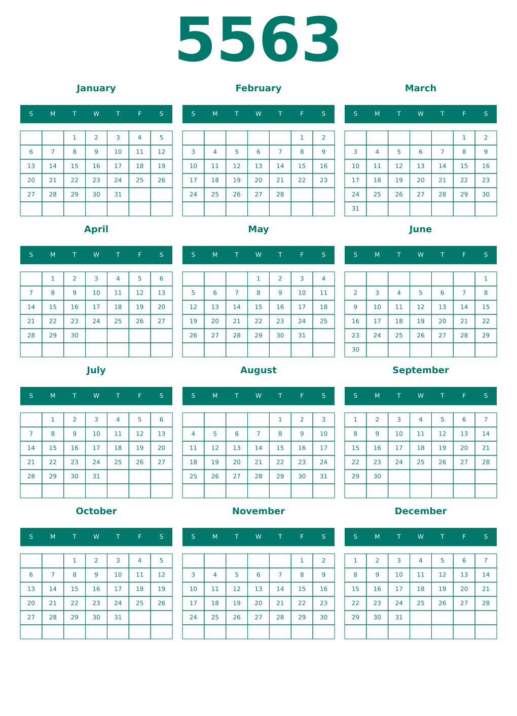 Printable 5563 Year Calendars pastel