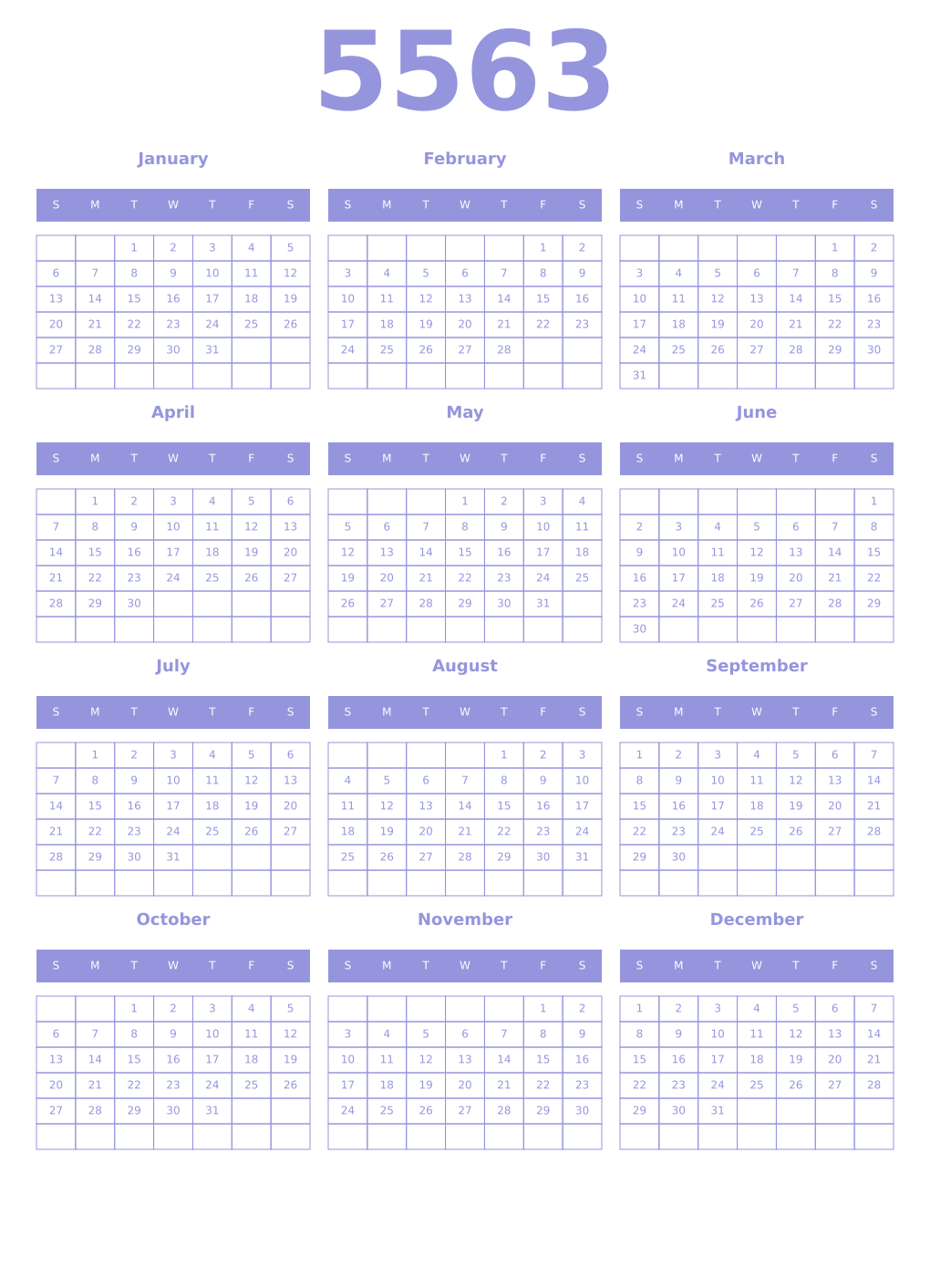 Printable 5563 Year Calendars periwinkle