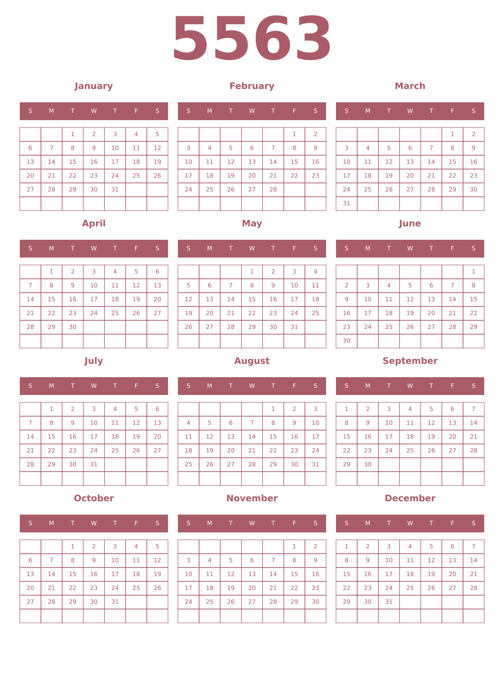 Printable 5563 Year Calendars puce