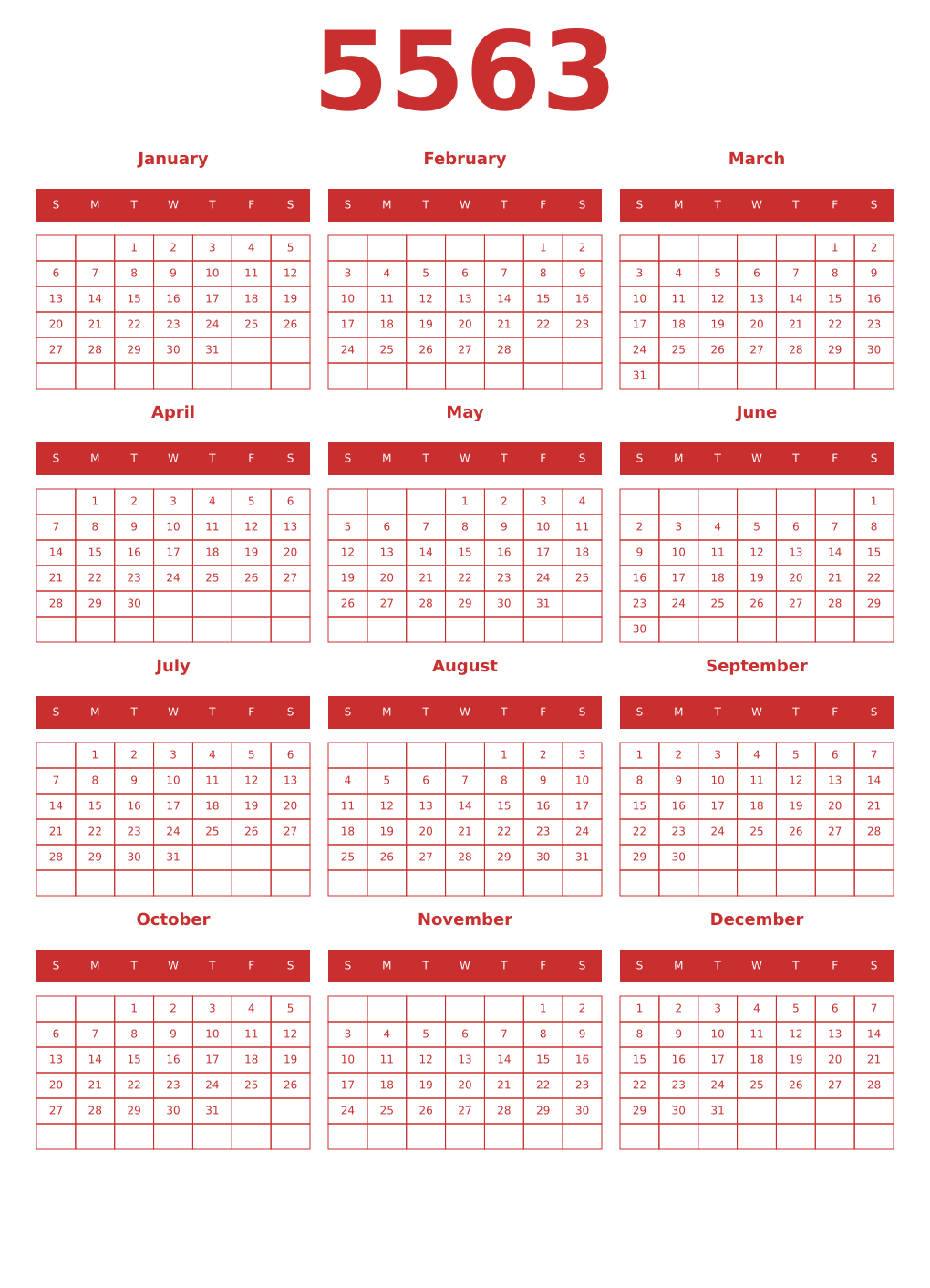 Printable 5563 Year Calendars red