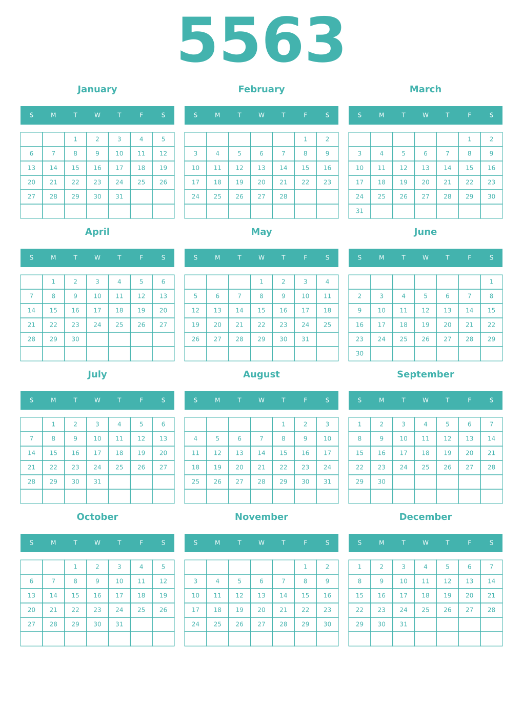 Printable 5563 Year Calendars verdigris