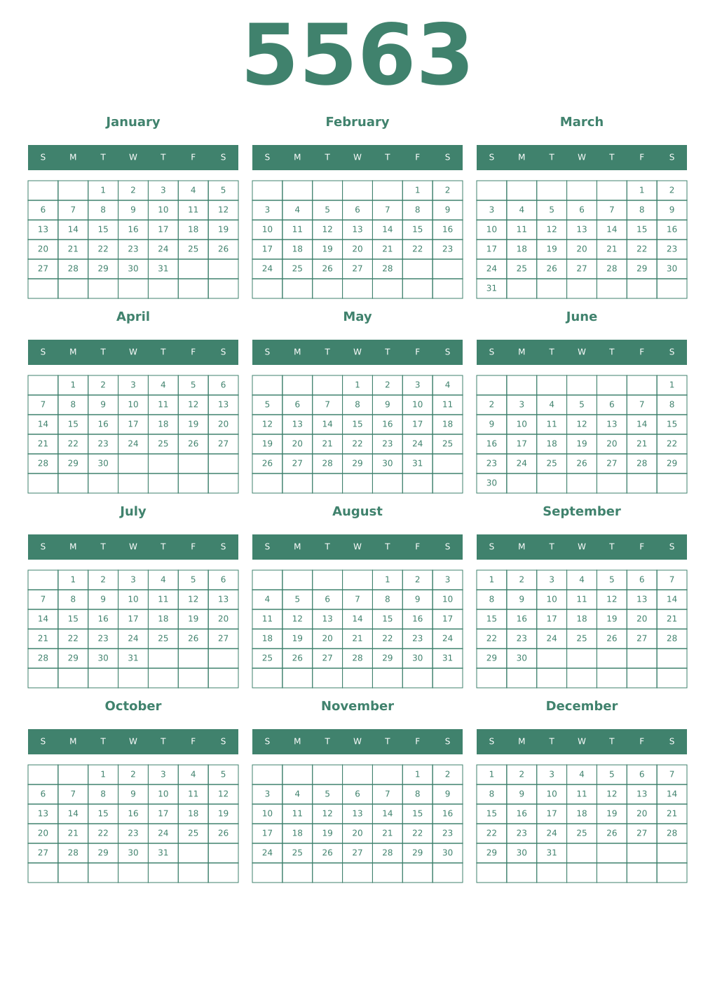 Printable 5563 Year Calendars viridian