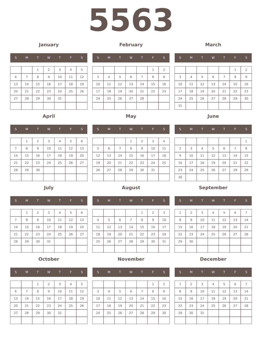 Printable 5563 Year Calendars wenge