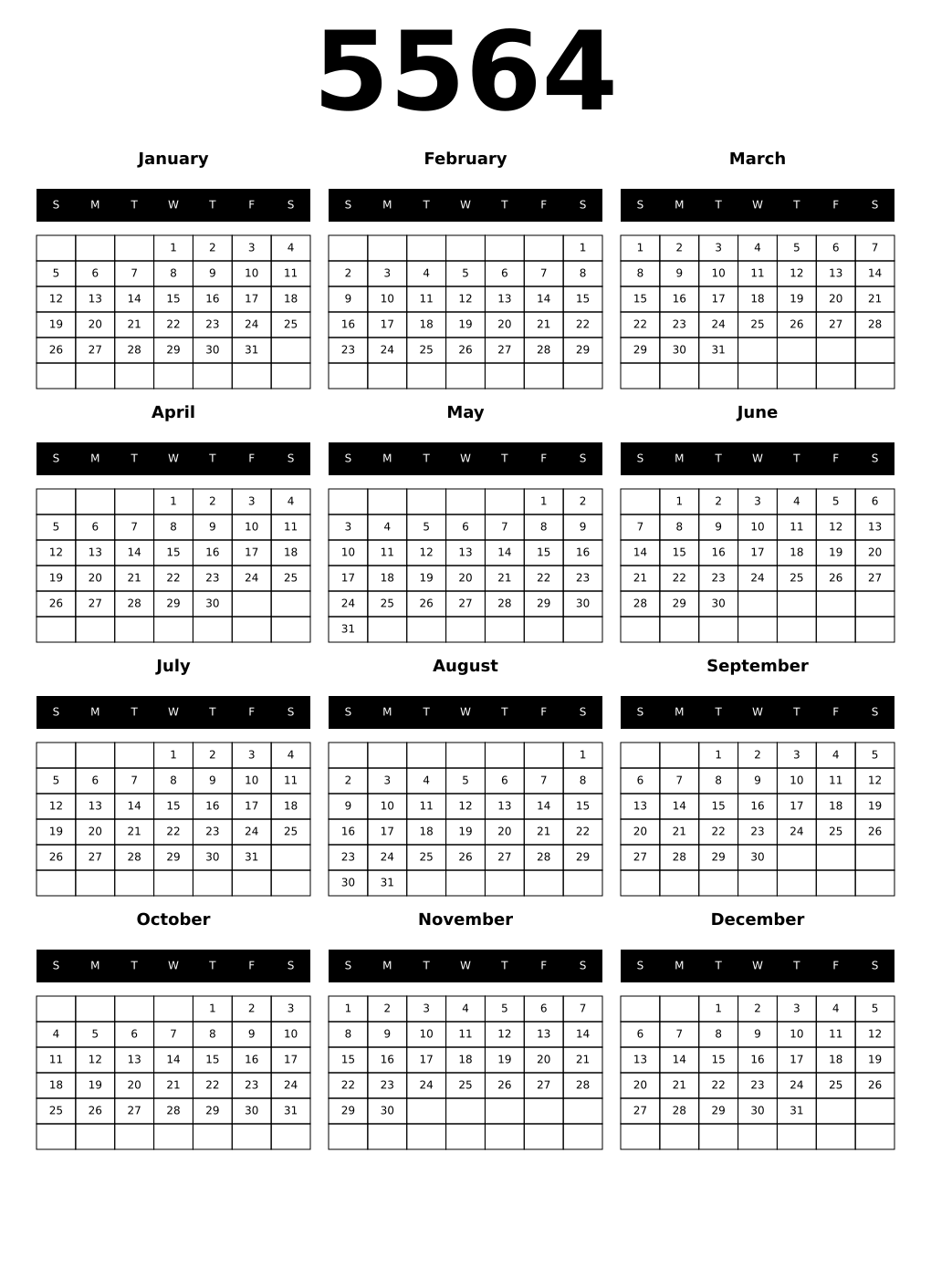 Printable 5564 Year Calendars black