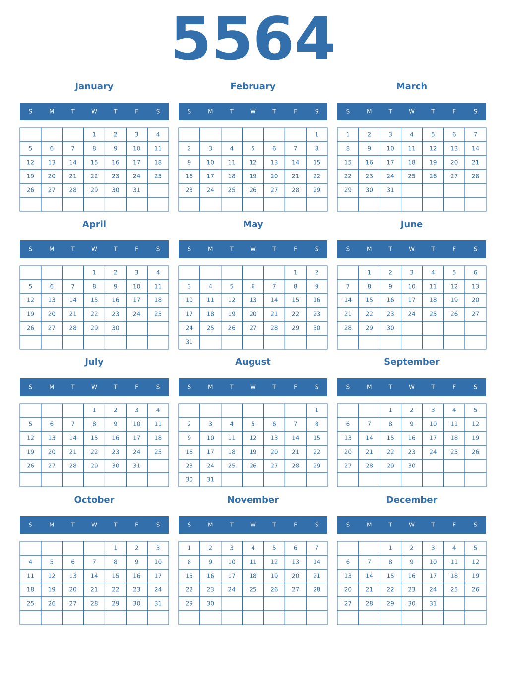 Printable 5564 Year Calendars blue