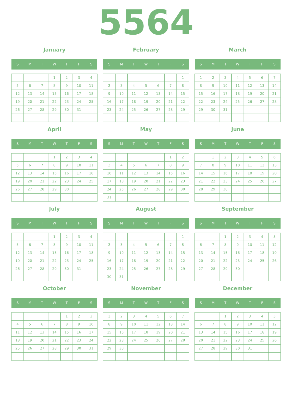 Printable 5564 Year Calendars celadon