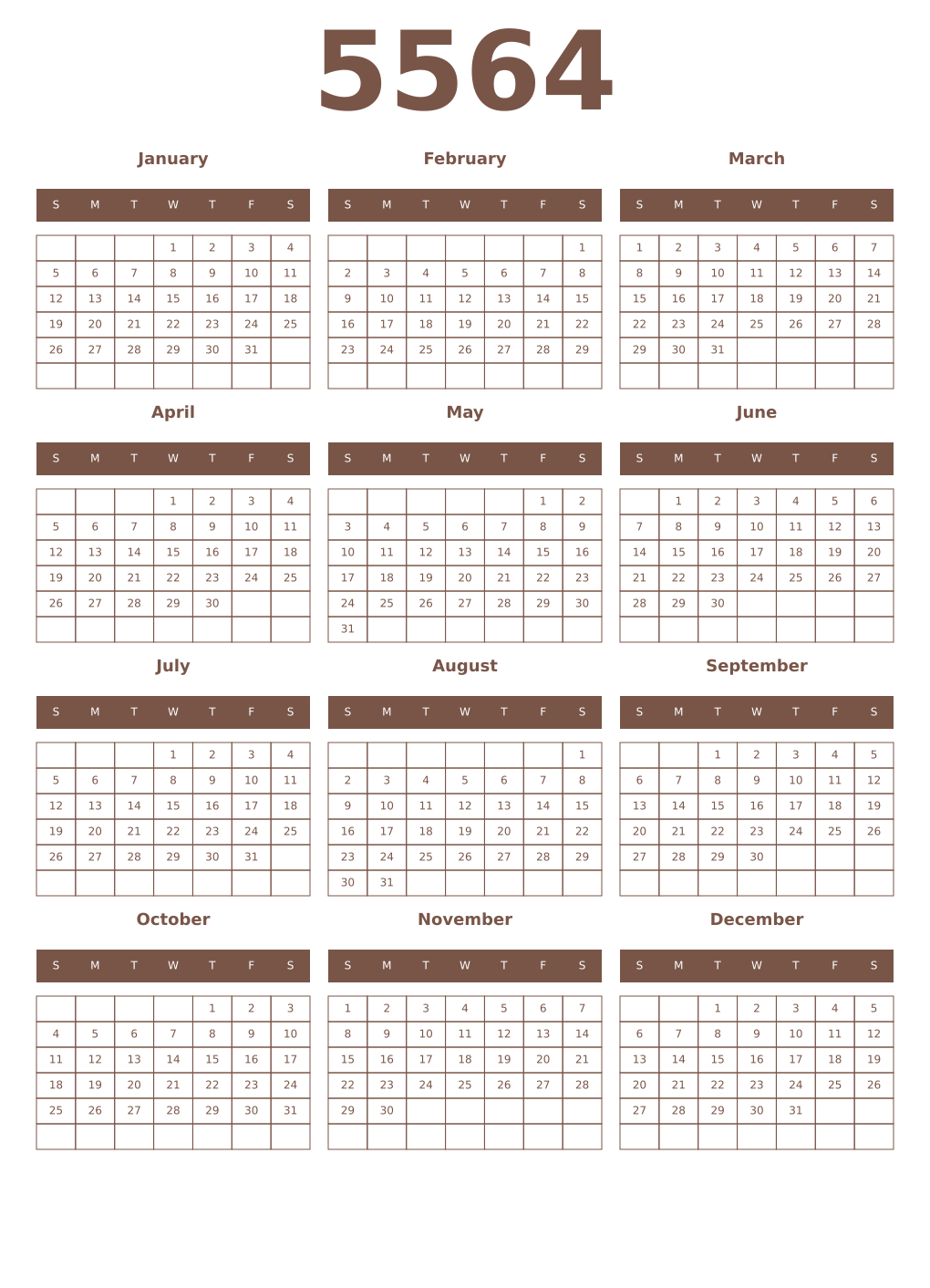 Printable 5564 Year Calendars coffe