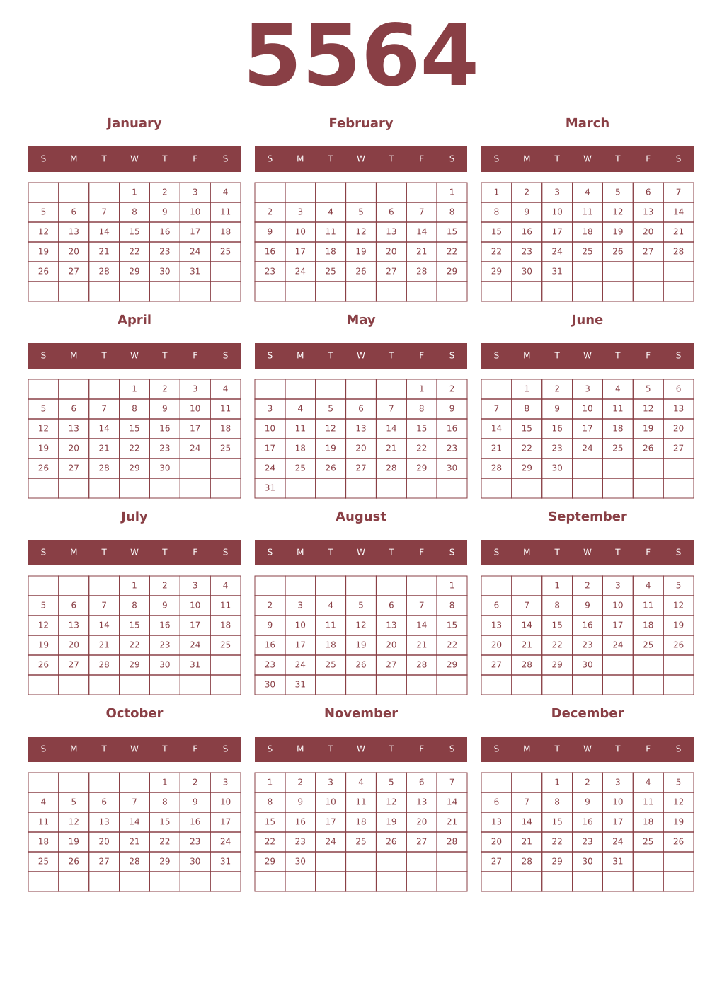 Printable 5564 Year Calendars cordovan