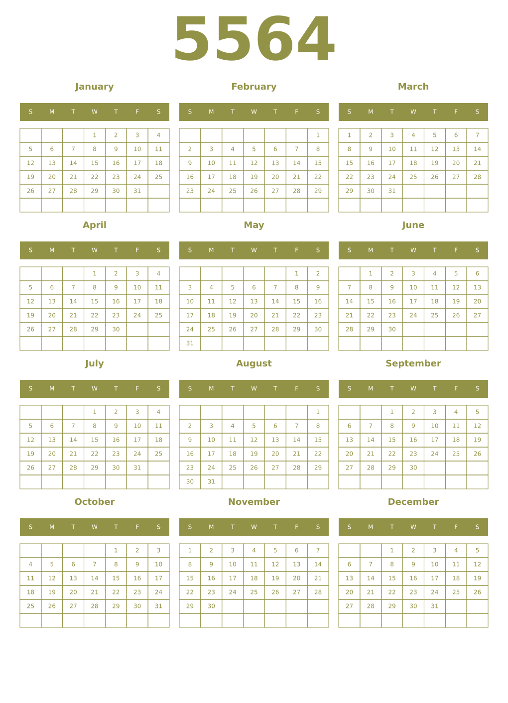 Printable 5564 Year Calendars eburnean