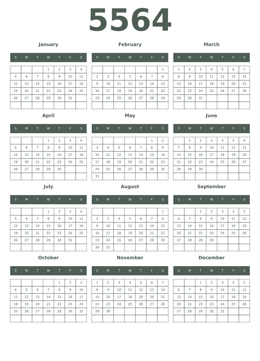 Printable 5564 Year Calendars feldgrau