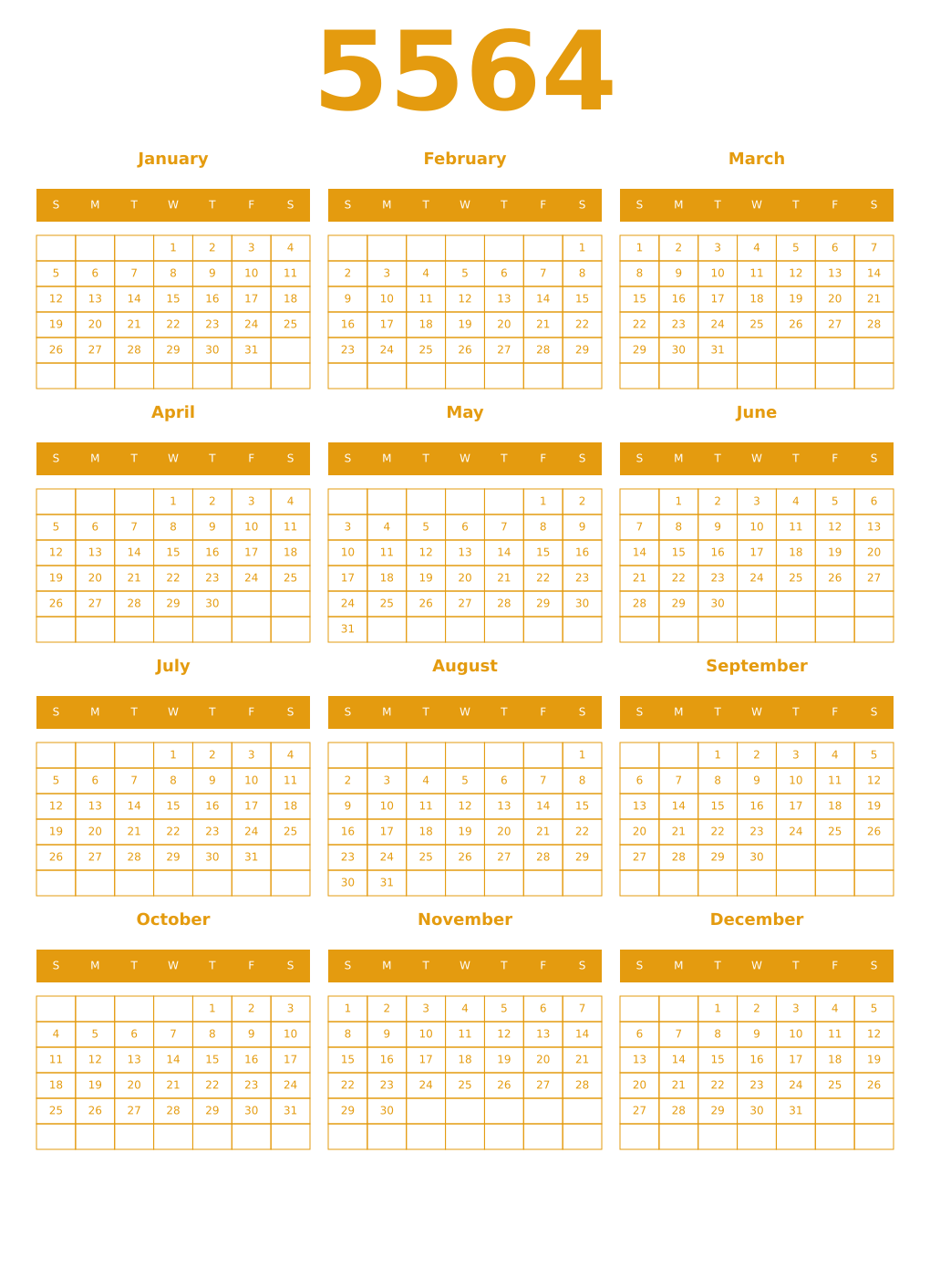 Printable 5564 Year Calendars gamboge