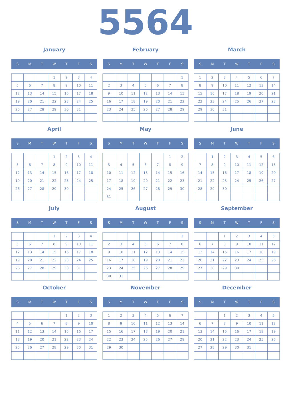 Printable 5564 Year Calendars glaucous