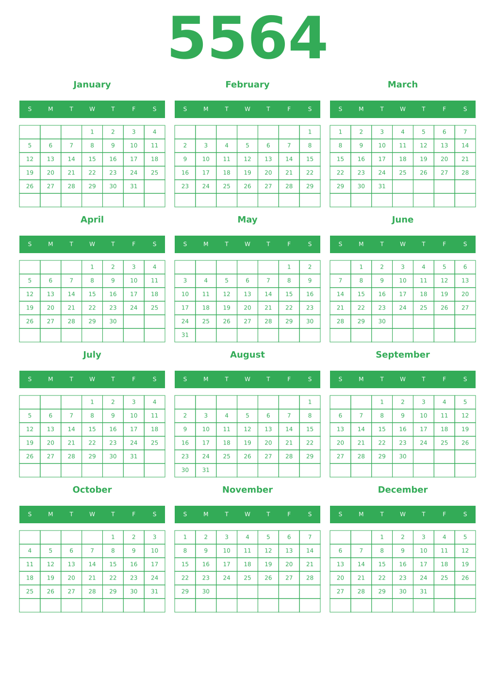Printable 5564 Year Calendars green