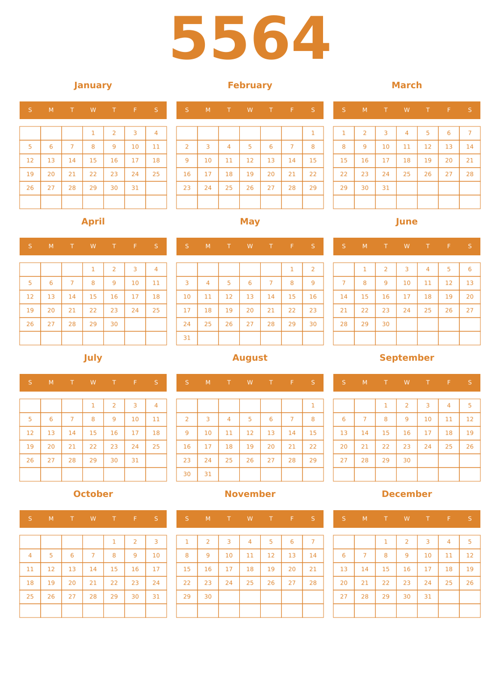 Printable 5564 Year Calendars orange