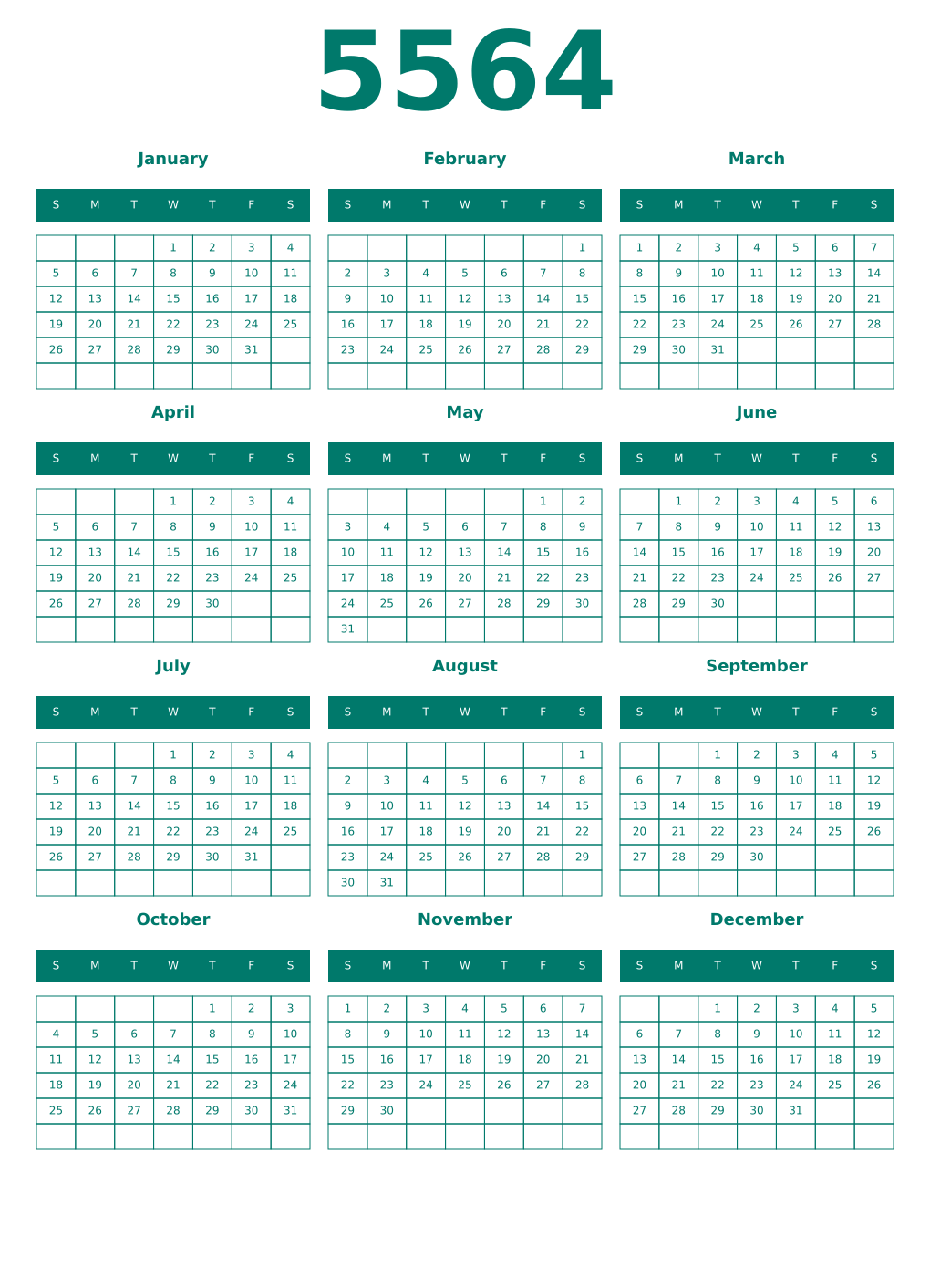 Printable 5564 Year Calendars pastel
