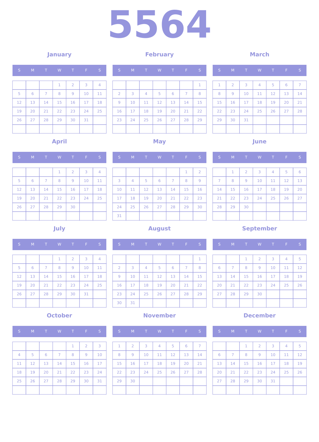 Printable 5564 Year Calendars periwinkle