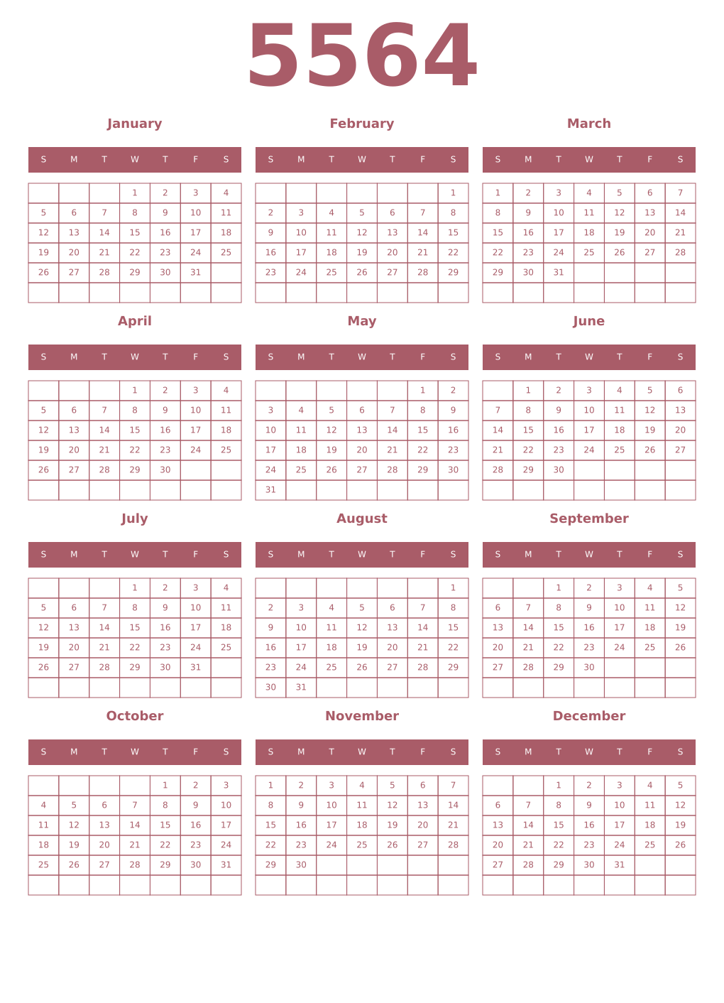 Printable 5564 Year Calendars puce