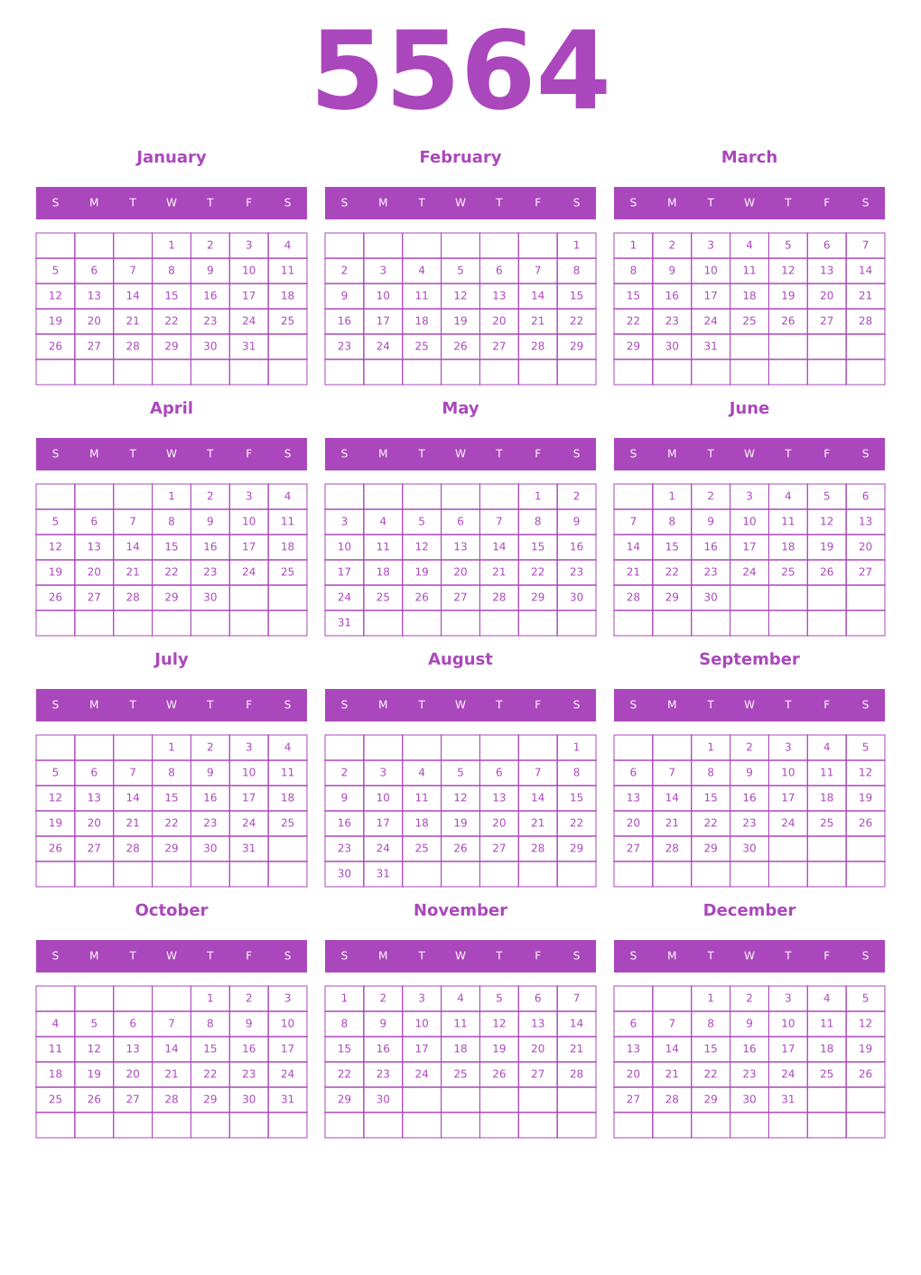Printable 5564 Year Calendars purple