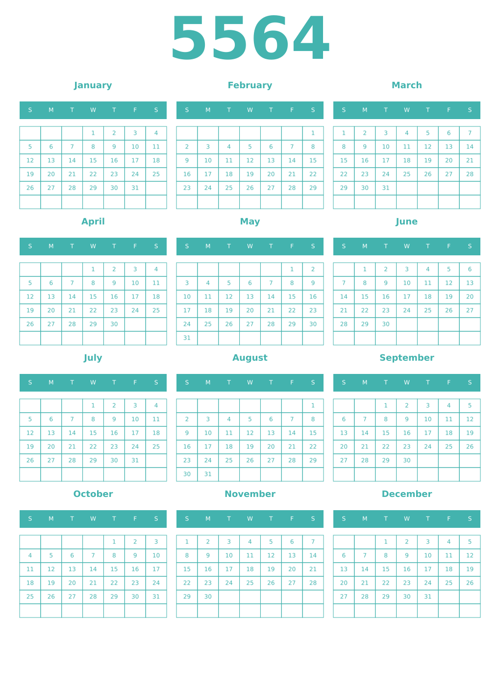 Printable 5564 Year Calendars verdigris