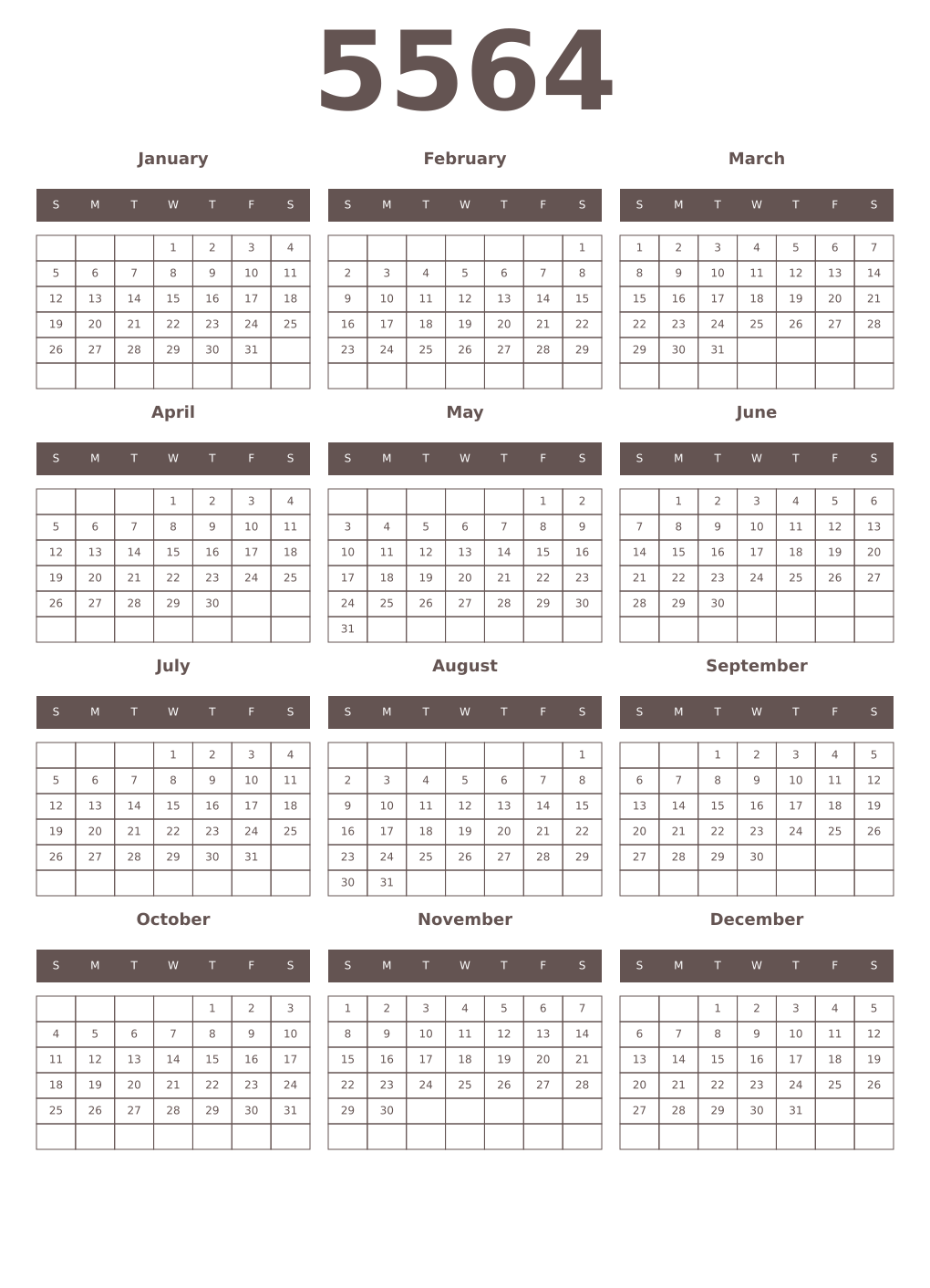 Printable 5564 Year Calendars wenge