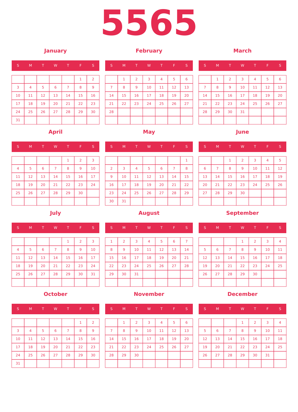 Printable 5565 Year Calendars amaranth