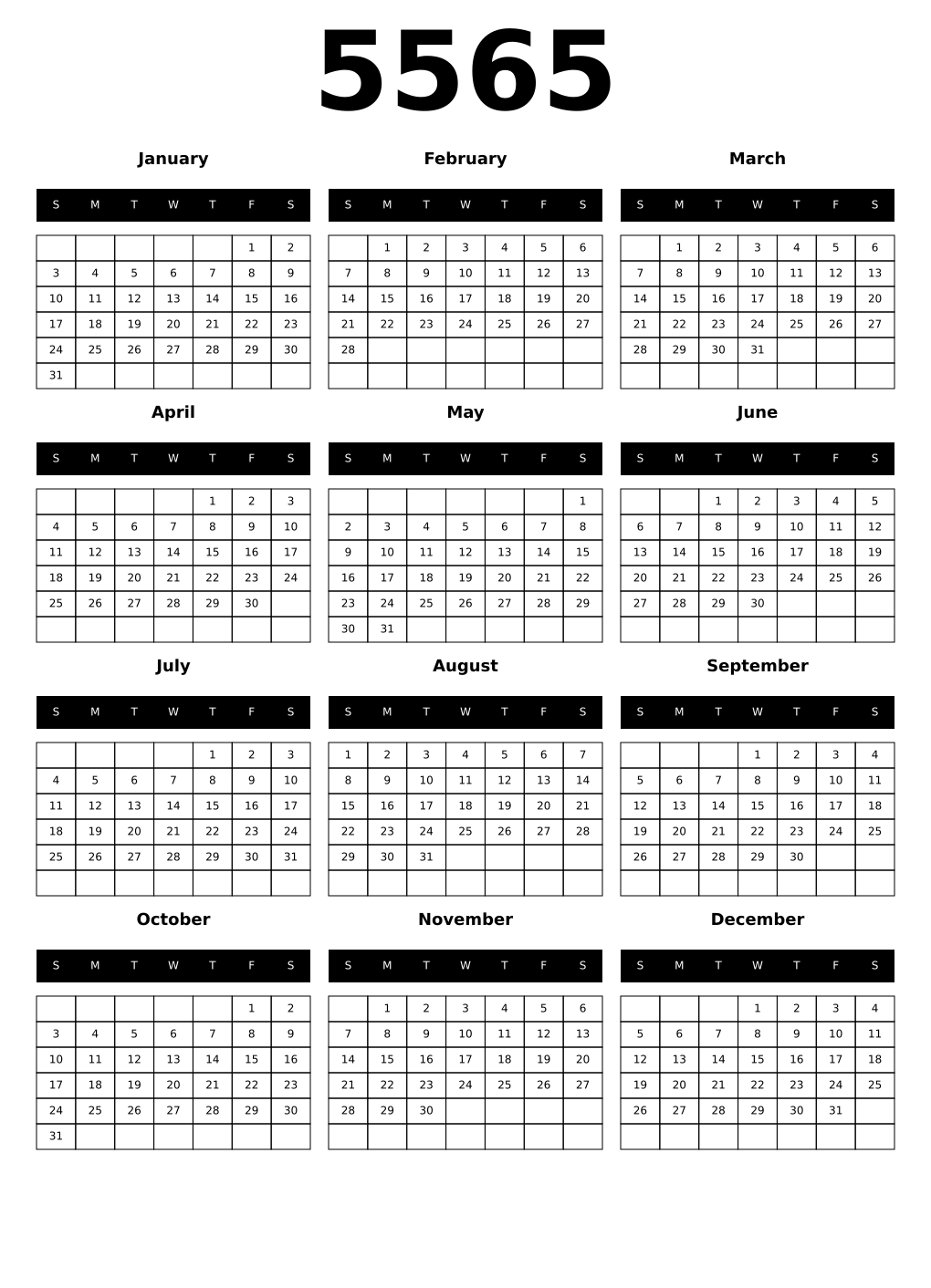 Printable 5565 Year Calendars black