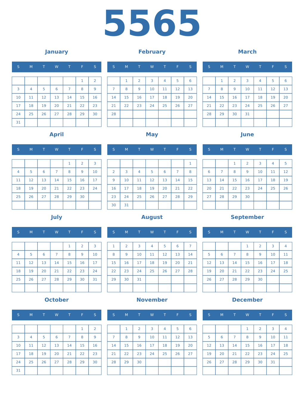 Printable 5565 Year Calendars blue