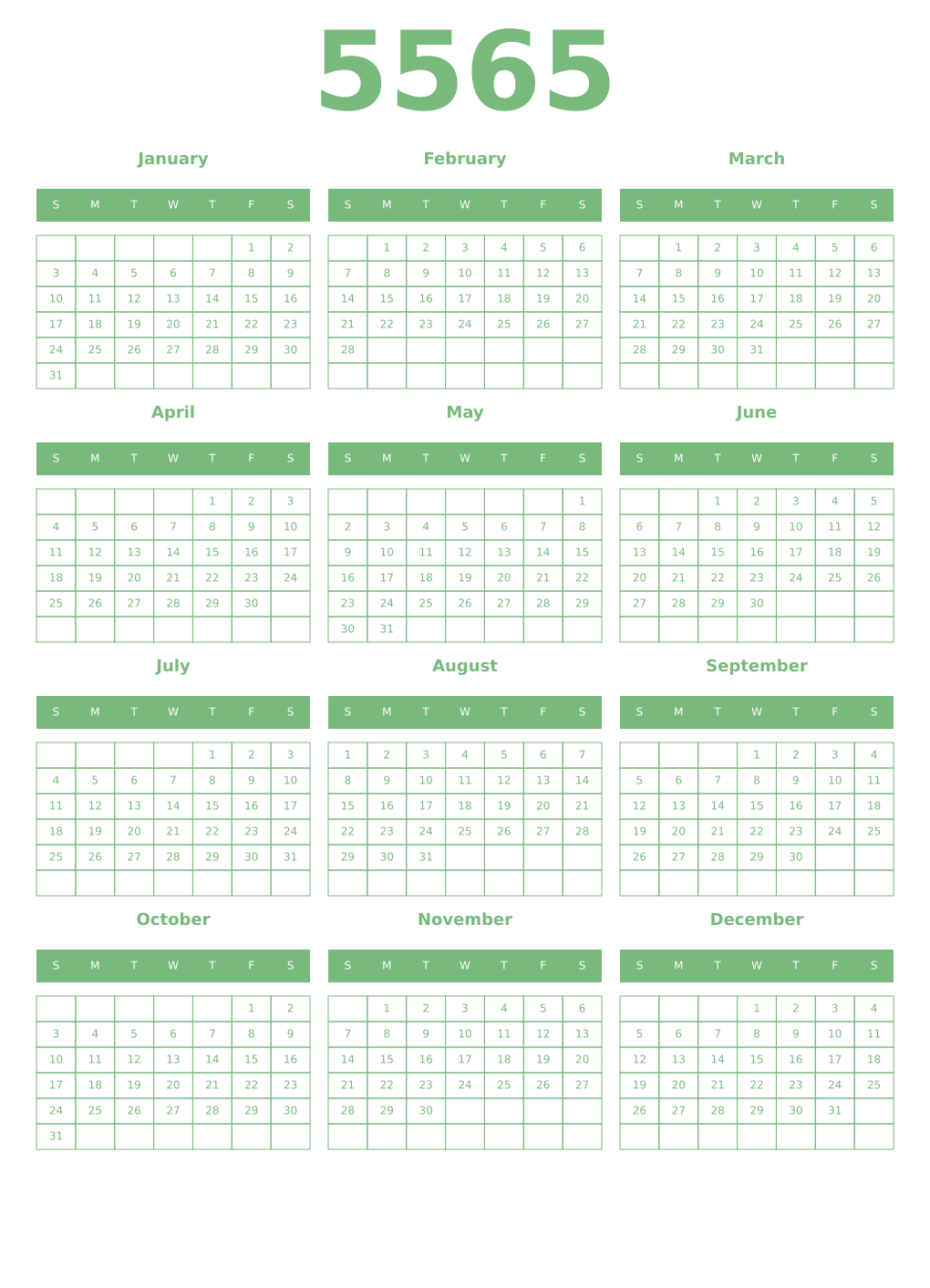 Printable 5565 Year Calendars celadon