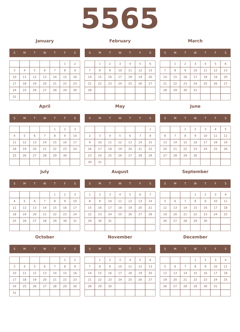 Printable 5565 Year Calendars coffe