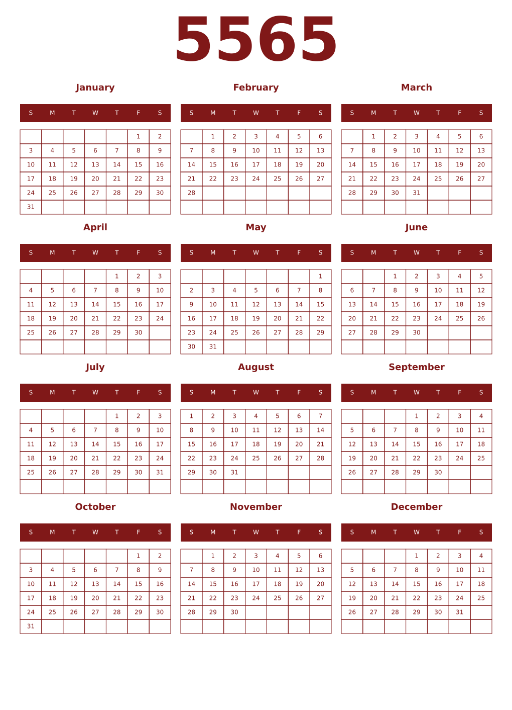 Printable 5565 Year Calendars falu